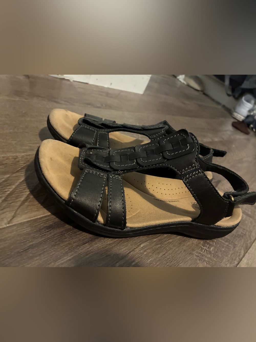Clarks Black Strap Sandals with Tan Footbed